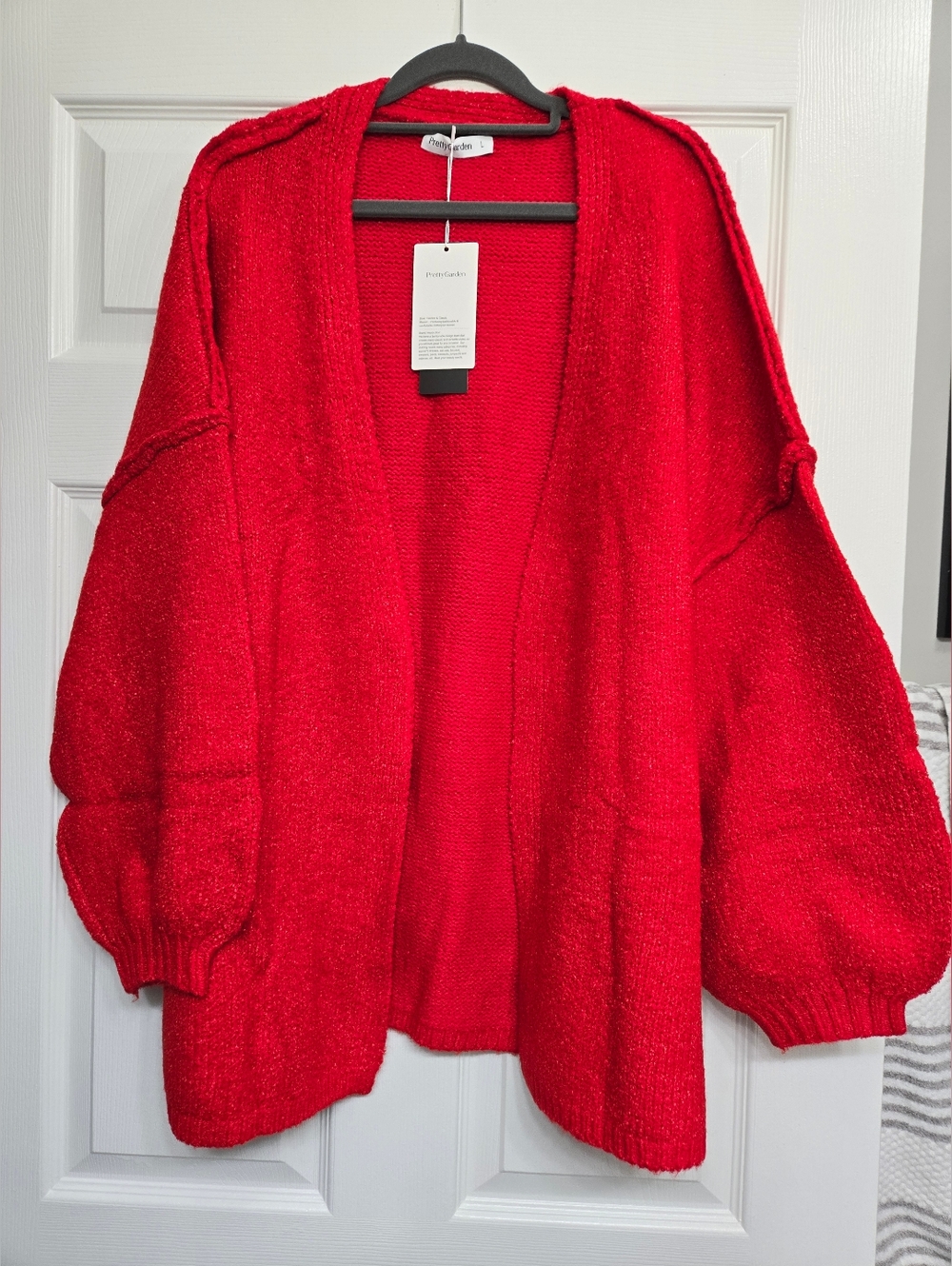 Pretty Garden Open-Front Red Cozy Balloon-Sleeve Cardigan
